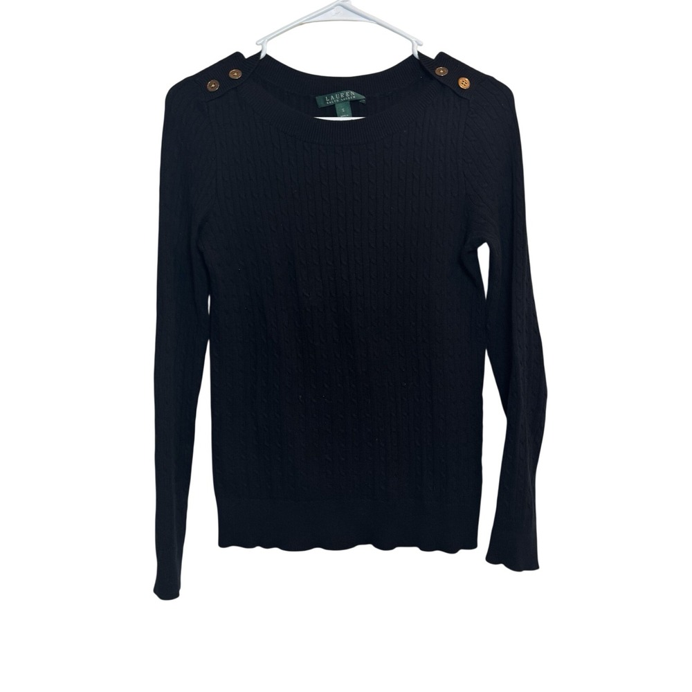 Women's Lauren Ralph Lauren Small  Black Button Shoulder Sweater Cable Knit